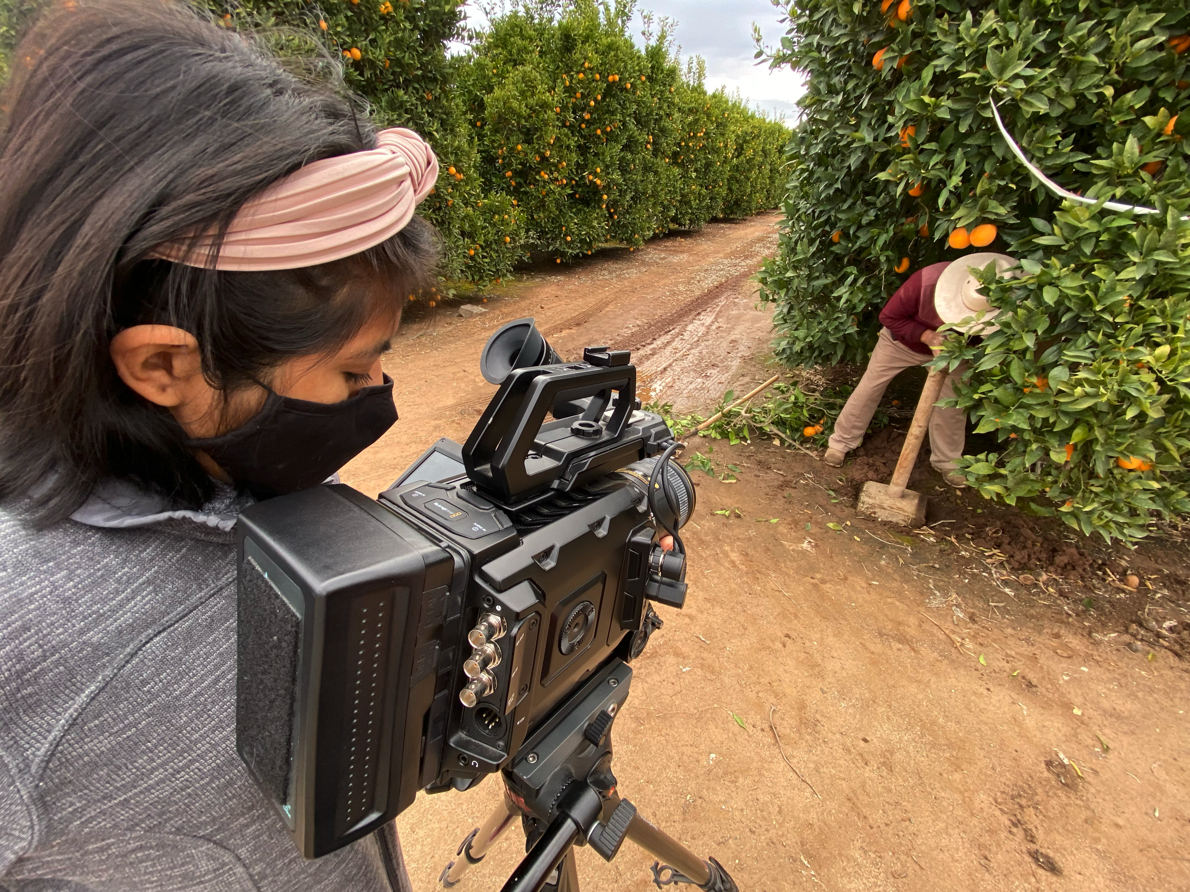 filming farmworker cinema camera in use